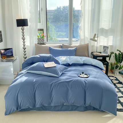 91家纺网 家纺一手货源 找家纺 芷凡家纺 2024新款亲肤棉纯色双拼四件套 牛仔蓝+天蓝