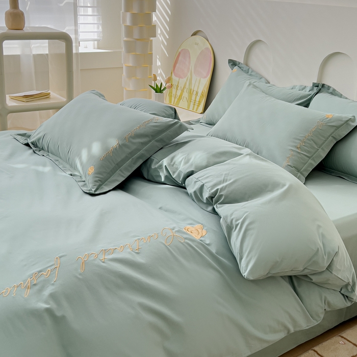 91家纺网 家纺一手货源 找家纺 U品汇 A类全棉色织水洗棉刺绣花四件套纯棉100%床单被套 可可小香-艾草绿