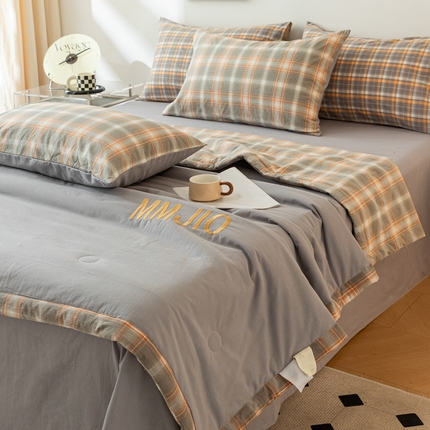 寐眠 2024新款全棉水洗棉刺绣夏被夏被四件套 摩卡灰棕
