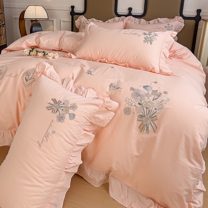 91家纺网 家纺一手货源 找家纺 U品汇 A类全棉色织水洗棉刺绣花四件套纯棉100%韩版小清新 温婉-粉玉