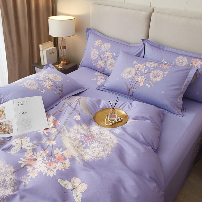 91家纺网 家纺一手货源 找家纺 启航家居 2025春夏直播爆款全棉大版印花四件套 兰亭若梦紫