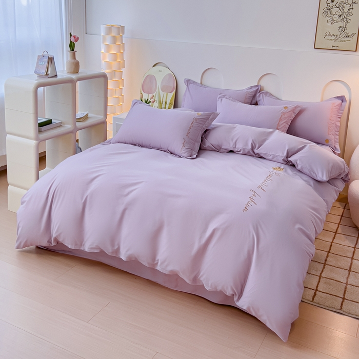 91家纺网 家纺一手货源 找家纺 U品汇 A类全棉色织水洗棉刺绣花四件套纯棉100%床单被套 可可小香-浅紫
