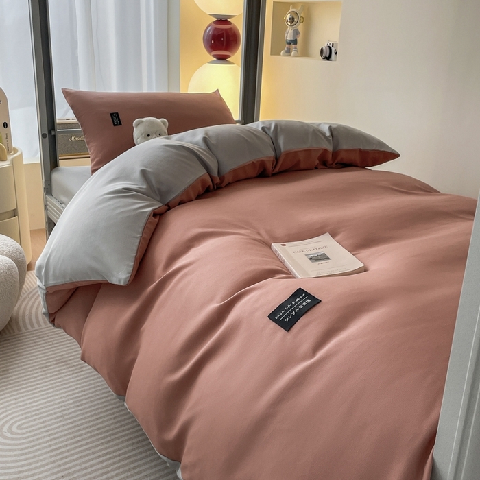 91家纺网 家纺一手货源 找家纺 米瑞娜2024水洗棉麻双拼纯色学生款被套 黛粉+浅灰