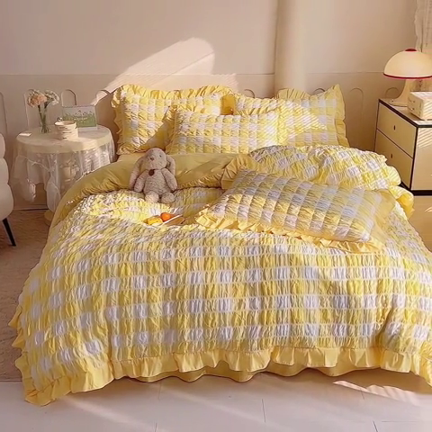 91家纺网 家纺一手货源 找家纺 （总）九诺 2024春夏新款泡泡纱花边彩虹泡芙系列四件套