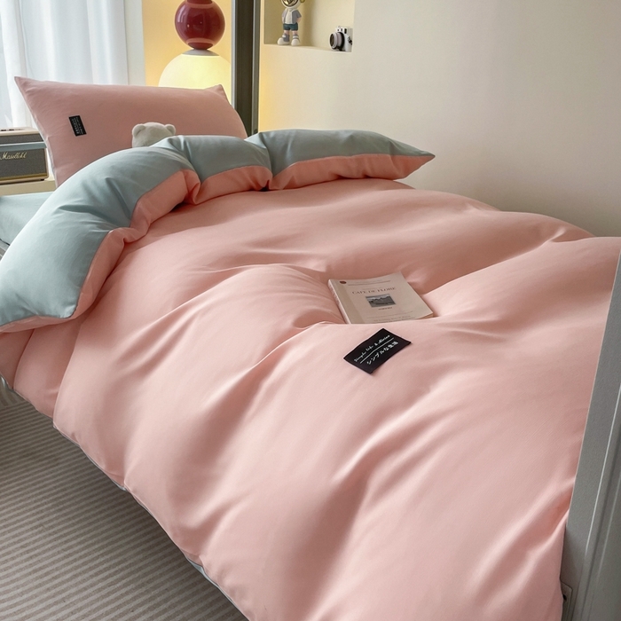 91家纺网 家纺一手货源 找家纺 米瑞娜2024水洗棉麻双拼纯色学生款被套 冰粉+自然绿