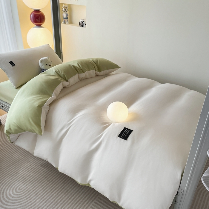 91家纺网 家纺一手货源 找家纺 米瑞娜2024水洗棉麻双拼纯色学生款被套 白+豆绿