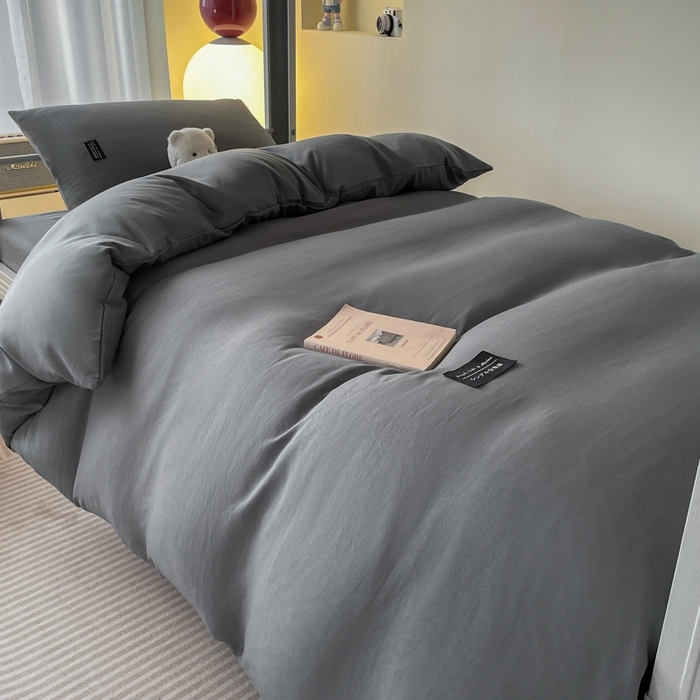 91家纺网 家纺一手货源 找家纺 米瑞娜2024水洗棉麻双拼纯色学生款被套 高级灰