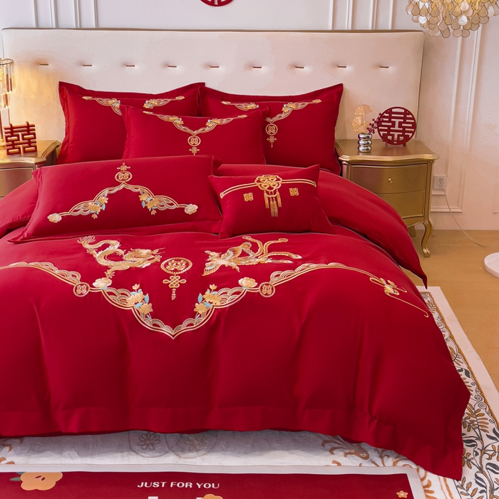 91家纺网 家纺一手货源 找家纺 2024新款亲肤面料婚庆刺绣系列四件套 欢喜龙凤