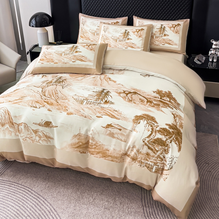 91家纺网 家纺一手货源 找家纺 2024新款水洗真丝画意山水系列四件套 画意山水-咖