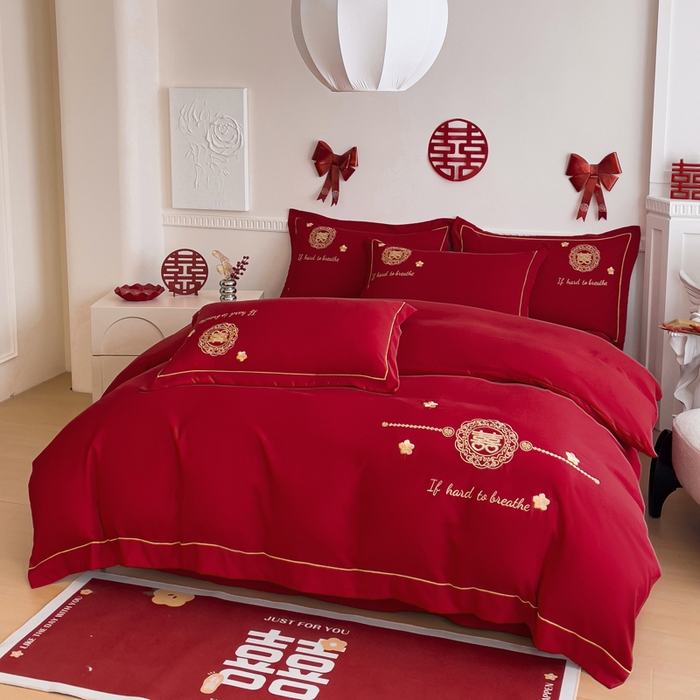 91家纺网 家纺一手货源 找家纺 2024新款亲肤面料婚庆刺绣系列四件套 吾家有喜