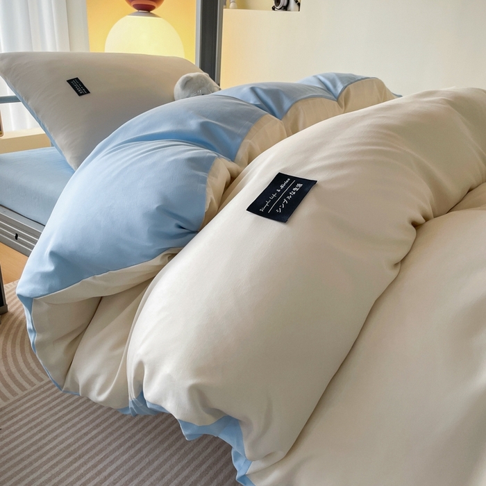 91家纺网 家纺一手货源 找家纺 米瑞娜2024水洗棉麻双拼纯色学生款被套 奶白+淡蓝