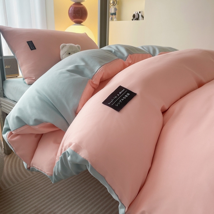 91家纺网 家纺一手货源 找家纺 米瑞娜2024水洗棉麻双拼纯色学生款被套 冰粉+自然绿