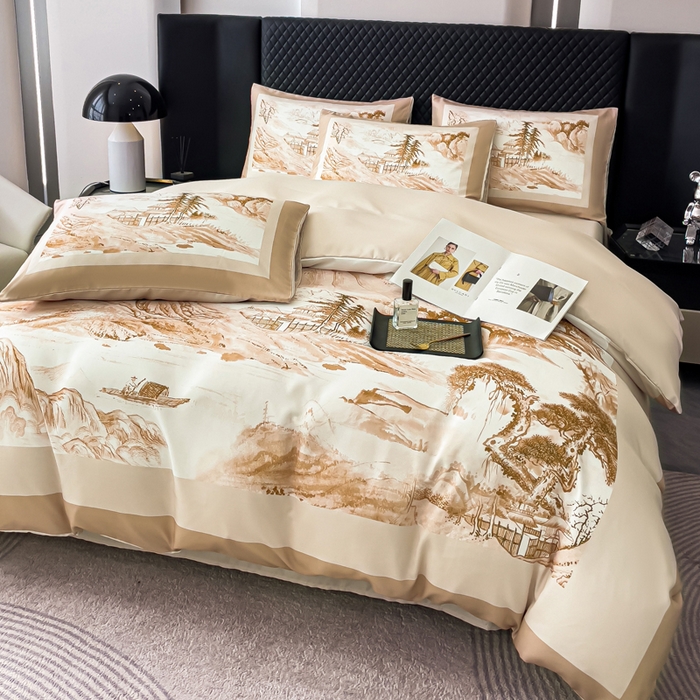 91家纺网 家纺一手货源 找家纺 2024新款水洗真丝画意山水系列四件套 画意山水-咖