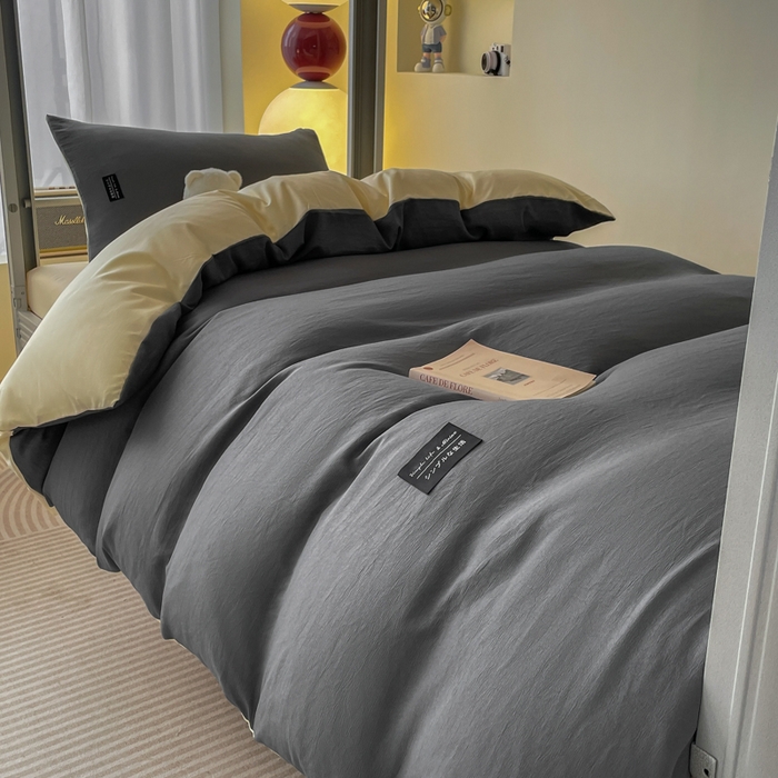 91家纺网 家纺一手货源 找家纺 米瑞娜 2024新款水洗棉麻双拼纯色学生三件套 中灰+奶茶