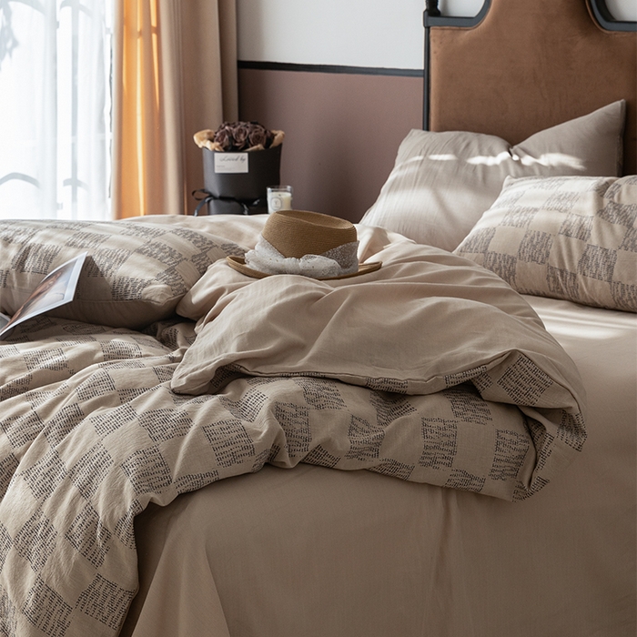 91家纺网 家纺一手货源 找家纺 棉邦 2024新款全棉色织工艺双层纱四件套 格高意远卡其