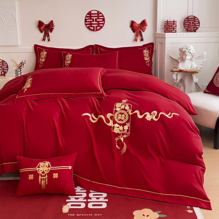 91家纺网 家纺一手货源 找家纺 2024新款亲肤面料婚庆刺绣系列四件套 喜事连连