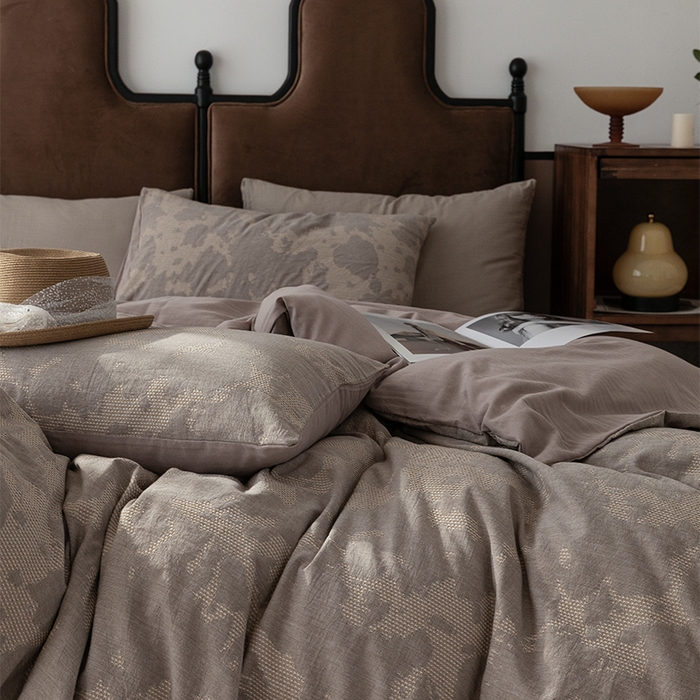 91家纺网 家纺一手货源 找家纺 棉邦 2024新款全棉色织工艺双层纱四件套 大展宏图卡其