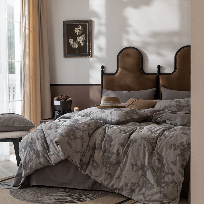 91家纺网 家纺一手货源 找家纺 棉邦 2024新款全棉色织工艺双层纱四件套 大展宏图冷灰