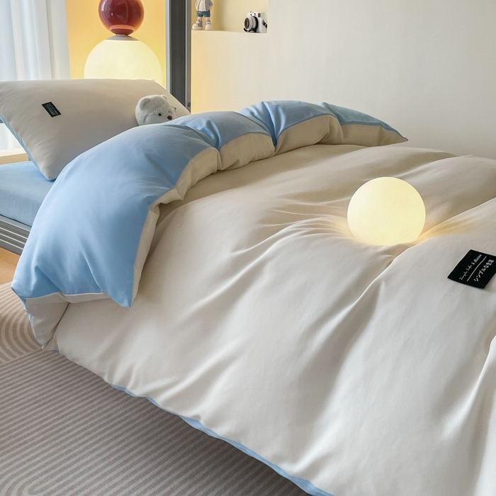 91家纺网 家纺一手货源 找家纺 米瑞娜2024水洗棉麻双拼纯色学生款被套 奶白+淡蓝
