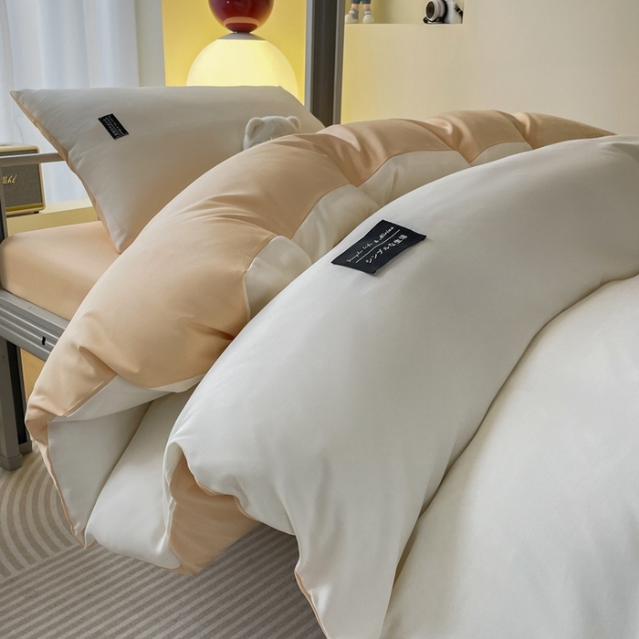 91家纺网 家纺一手货源 找家纺 米瑞娜2024水洗棉麻双拼纯色学生款被套 奶茶+芝士