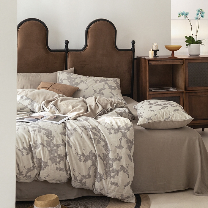 91家纺网 家纺一手货源 找家纺 棉邦 2024新款全棉色织工艺双层纱四件套 大展宏图米白