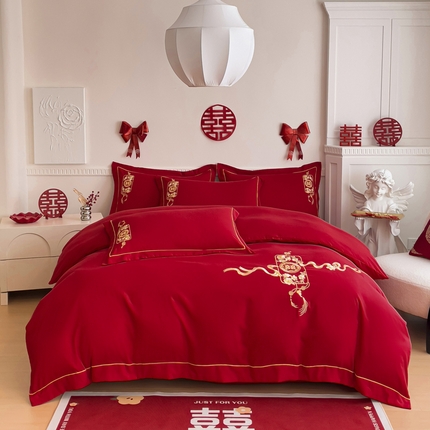 2024新款亲肤面料婚庆刺绣系列四件套 喜事连连