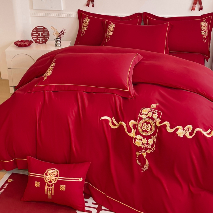 91家纺网 家纺一手货源 找家纺 2024新款亲肤面料婚庆刺绣系列四件套 喜事连连