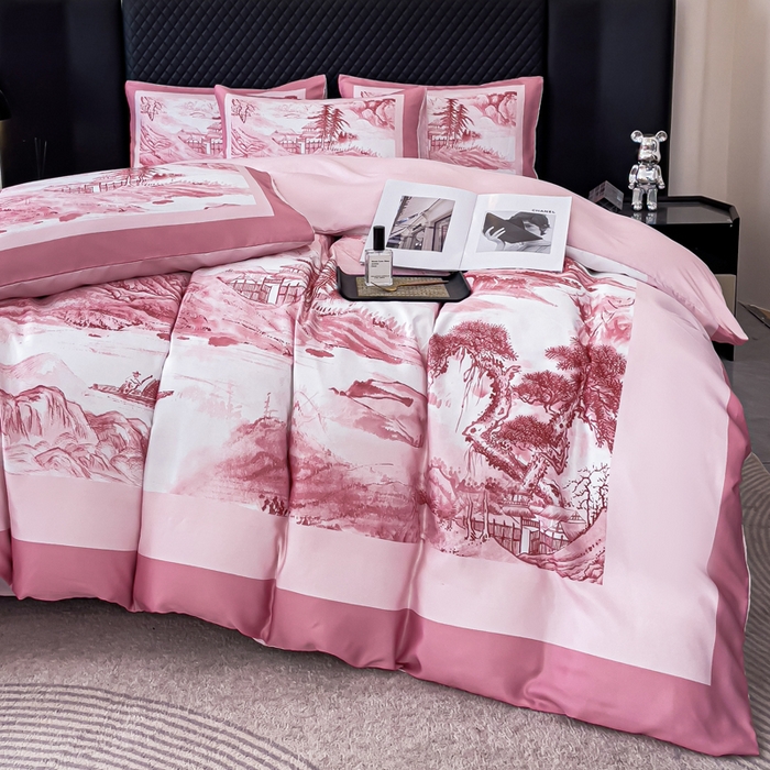 91家纺网 家纺一手货源 找家纺 2024新款水洗真丝画意山水系列四件套 画意山水-粉
