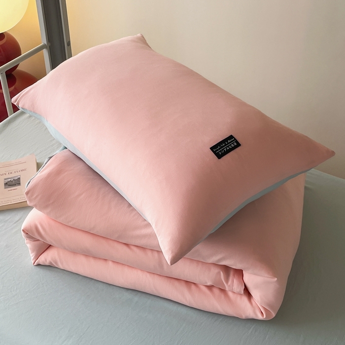 91家纺网 家纺一手货源 找家纺 米瑞娜2024水洗棉麻双拼纯色学生款枕套 冰粉+自然绿