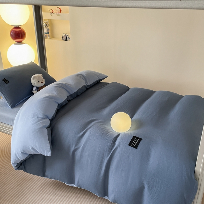 91家纺网 家纺一手货源 找家纺 米瑞娜 2024新款水洗棉麻双拼纯色学生三件套 雾蓝+淡蓝