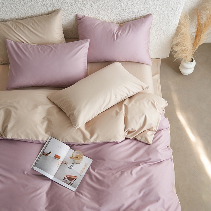 91家纺网 家纺一手货源 找家纺 千朵森 2024新款全棉贡缎双拼纯色四件套 暗香-豆沙粉双拼