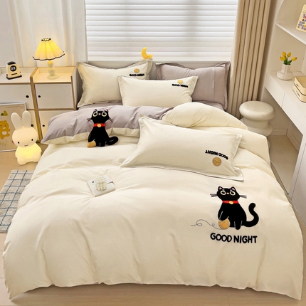 娜娜 2024新款全棉亲肤舒适毛巾绣卡通系列四件套 可爱猫咪-奶昔白