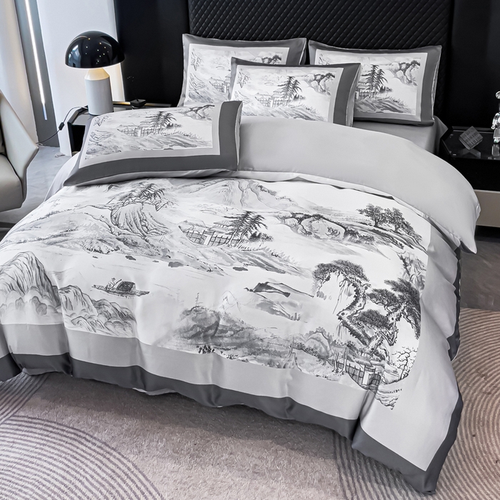 91家纺网 家纺一手货源 找家纺 2024新款水洗真丝画意山水系列四件套 画意山水-灰