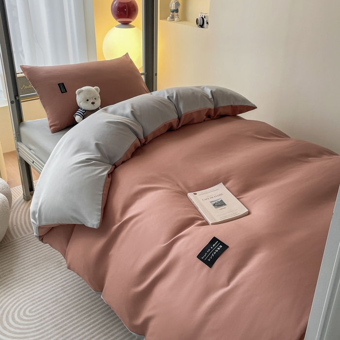 91家纺网 家纺一手货源 找家纺 米瑞娜2024水洗棉麻双拼纯色学生款被套 黛粉+浅灰