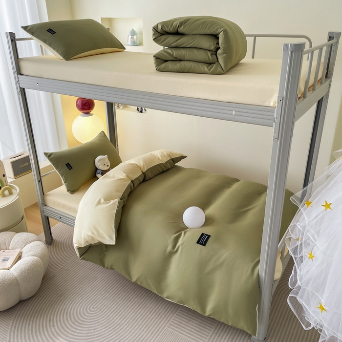 91家纺网 家纺一手货源 找家纺 米瑞娜 2024新款水洗棉麻双拼纯色学生三件套 抹茶+奶油