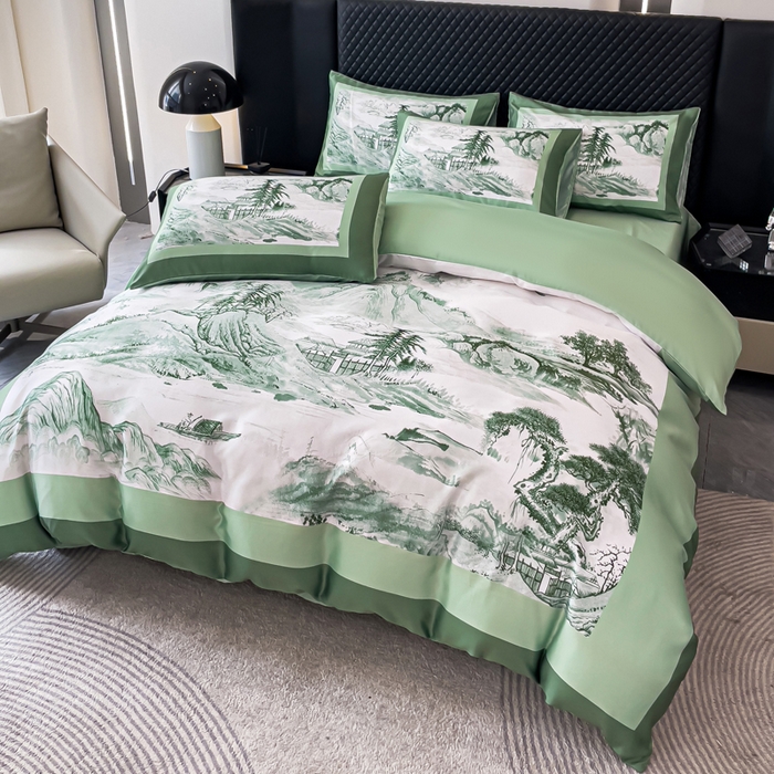 91家纺网 家纺一手货源 找家纺 2024新款水洗真丝画意山水系列四件套 画意山水-绿