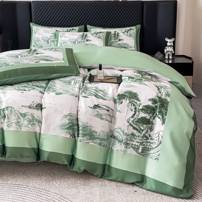 91家纺网 家纺一手货源 找家纺 2024新款水洗真丝画意山水系列四件套 画意山水-绿