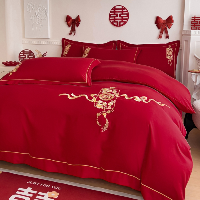 91家纺网 家纺一手货源 找家纺 2024新款亲肤面料婚庆刺绣系列四件套 喜事连连