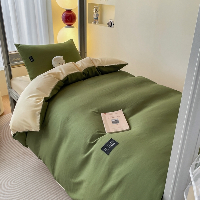 91家纺网 家纺一手货源 找家纺 米瑞娜2024水洗棉麻双拼纯色学生款四件套 橄榄绿+奶油