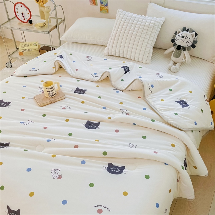 91家纺网 家纺一手货源 找家纺 米米儿家纺 2024新款A类针织棉夏被夏凉被被子被芯 波点猫咪