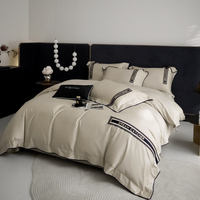 91家纺网 家纺一手货源 找家纺 爱缦 2024新款100支澳棉CR工艺极简轻奢刺绣四件套-茹伊 风格二 云深茶白