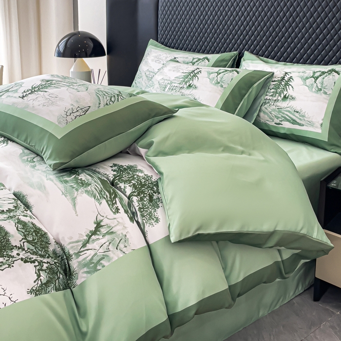 91家纺网 家纺一手货源 找家纺 2024新款水洗真丝画意山水系列四件套 画意山水-绿