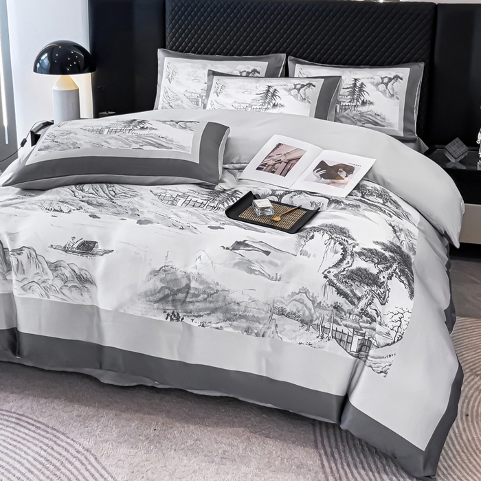 91家纺网 家纺一手货源 找家纺 2024新款水洗真丝画意山水系列四件套 画意山水-灰