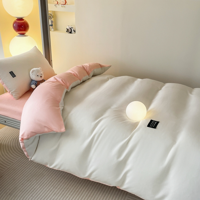 91家纺网 家纺一手货源 找家纺 米瑞娜 2024新款水洗棉麻双拼纯色学生三件套 奶白+冰粉