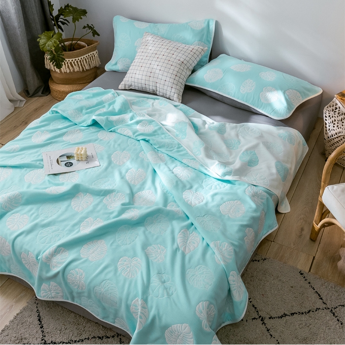 91家纺网 家纺一手货源 找家纺 朴尔 2024经典六层纱布全棉毛巾被系列 芭蕉情缘-蓝