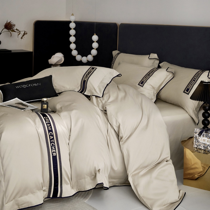 91家纺网 家纺一手货源 找家纺 爱缦 2024新款100支澳棉CR工艺极简轻奢刺绣四件套-茹伊 风格二 云深茶白