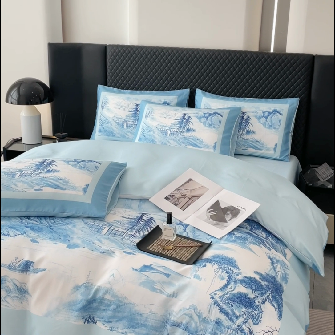 91家纺网 家纺一手货源 找家纺 2024新款水洗真丝画意山水系列四件套 画意山水-蓝