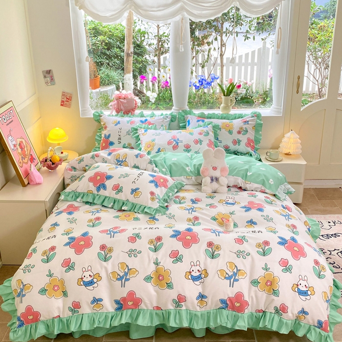 91家纺网 家纺一手货源 找家纺 亨通家纺 2025新款亲肤棉花边韩版床裙四件套 花小妹