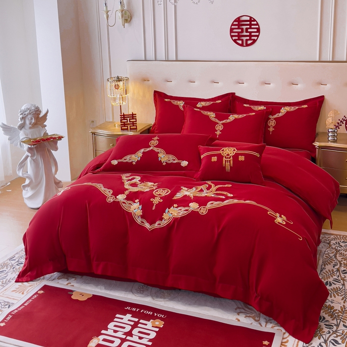 91家纺网 家纺一手货源 找家纺 2024新款亲肤面料婚庆刺绣系列四件套 欢喜龙凤