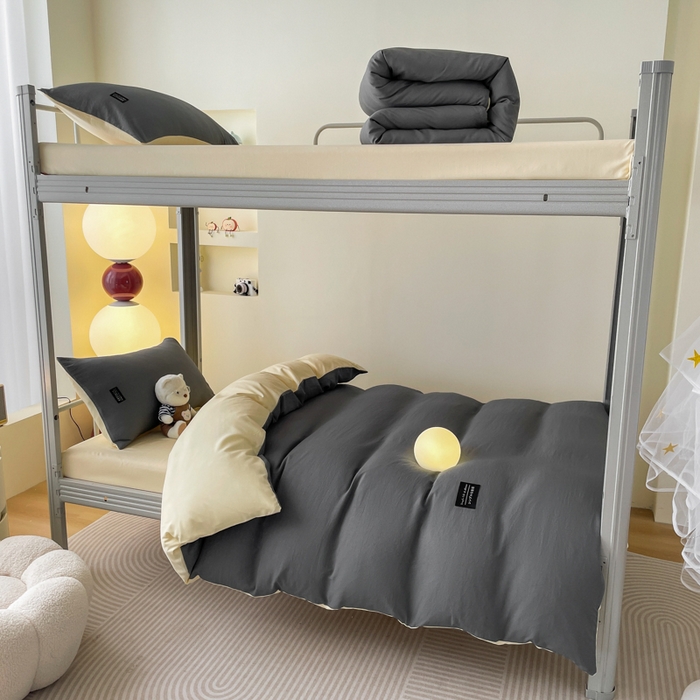 91家纺网 家纺一手货源 找家纺 米瑞娜 2024新款水洗棉麻双拼纯色学生三件套 中灰+奶茶